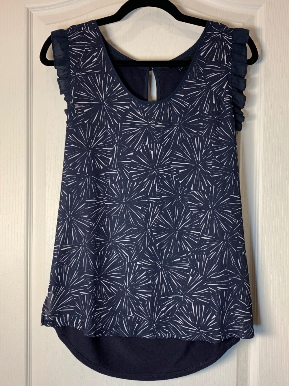 RW&Co Navy Sleeveless Blouse Ruffle Shoulder Mixed Fabric Chic Top S